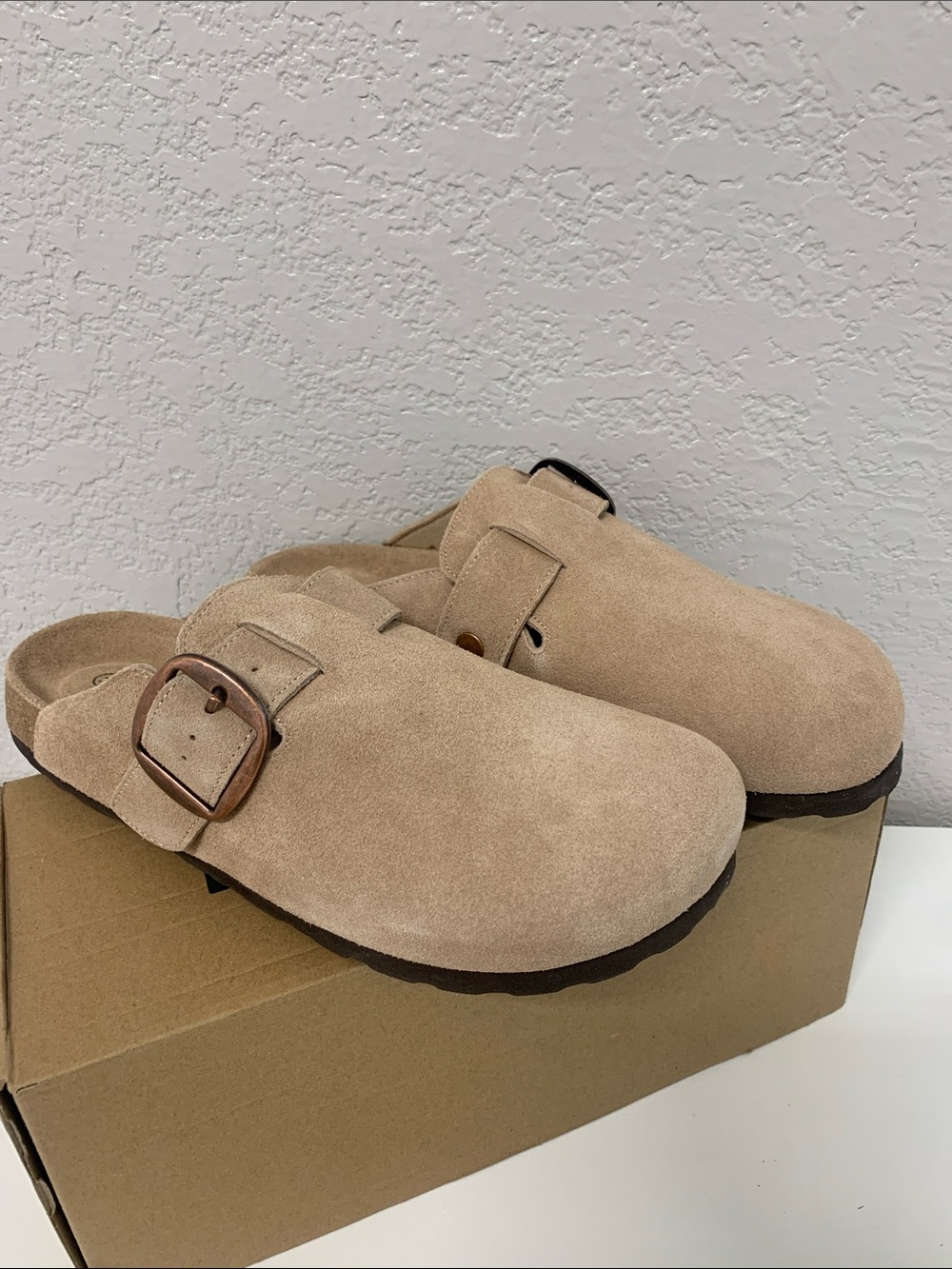 Leather Suede Slip-On Taupe Clogs with Buckle